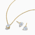 The Lab Grown Diamond Earring and Necklace Set in 14K Yellow Gold features a round diamond pendant and matching gold stud earrings, each showcasing a single round lab grown diamond, displayed on a white background.