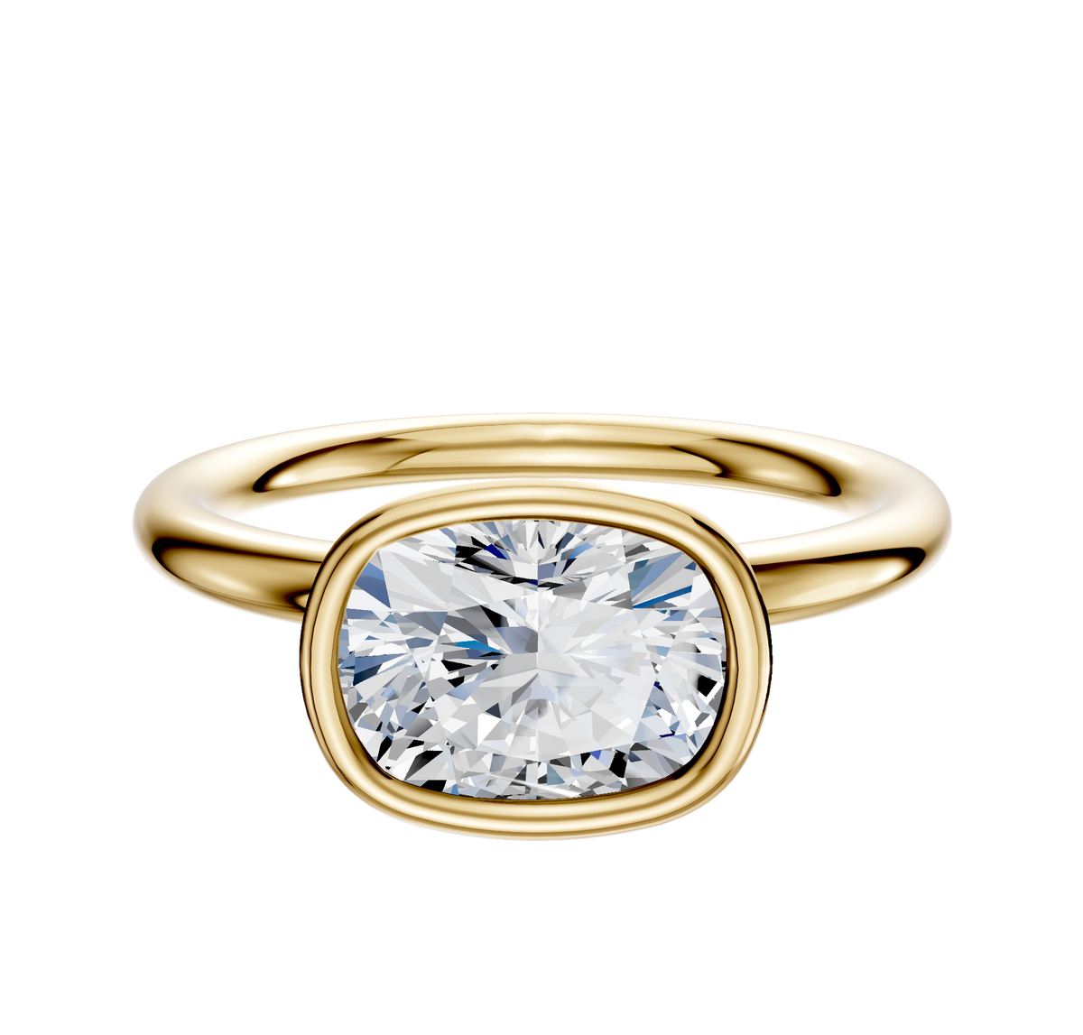 A 14K yellow gold Bezel Full Bezel East/West Classic Dome 2.0mm engagement ring featuring a cushion-cut, clear diamond, shown on a plain white background.