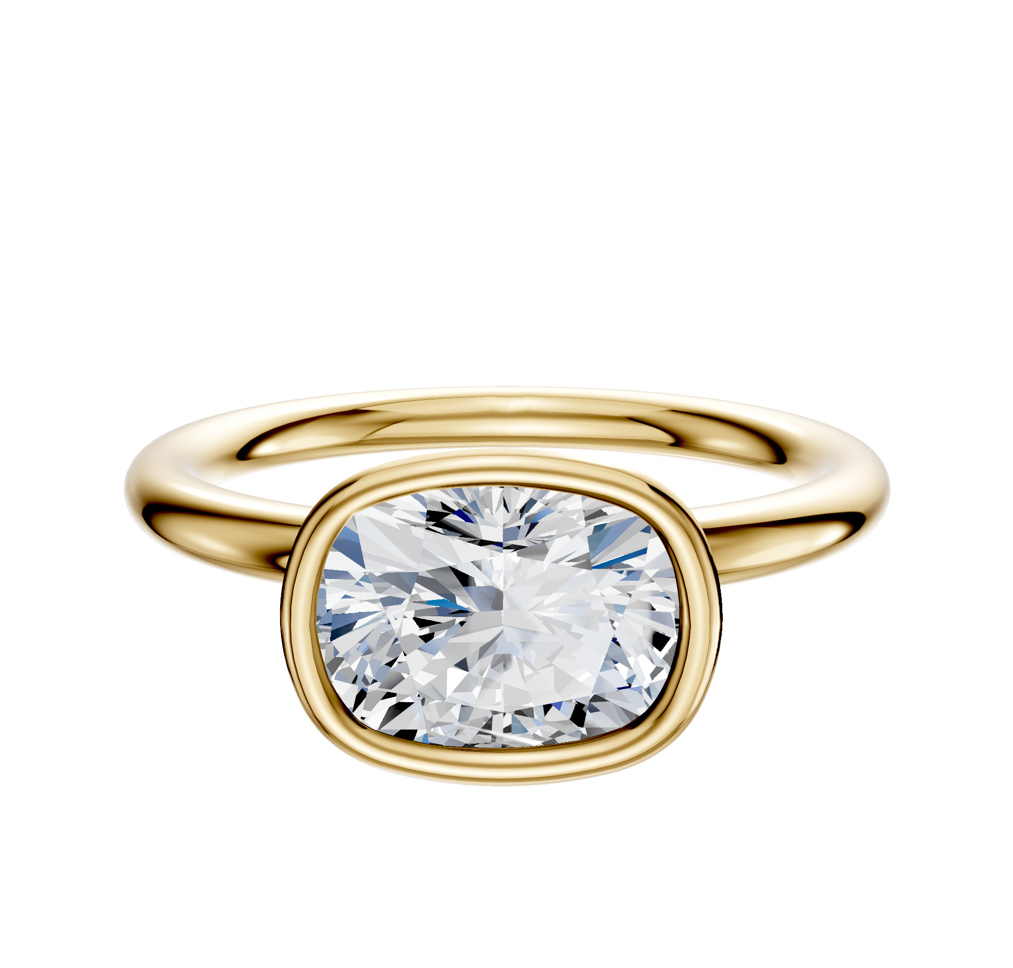 A 14K yellow gold Bezel Full Bezel East/West Classic Dome 2.0mm engagement ring featuring a cushion-cut, clear diamond, shown on a plain white background.