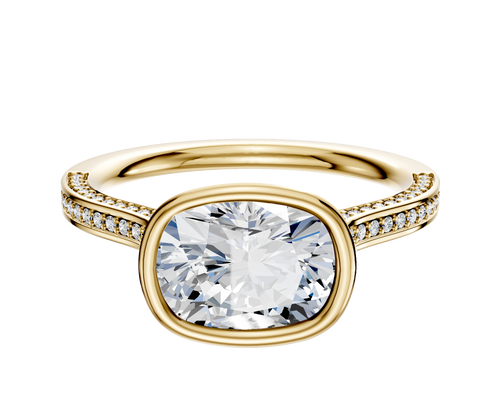 14K Yellow Gold Bezel Full Bezel East/West Cathedral Flat 3-Row-Pave 2.0mm Engagement Ring