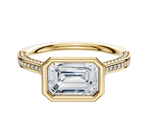 18K Yellow Gold Bezel Full Bezel East/West Cathedral Flat 3-Row-Pave 2.0mm Engagement Ring