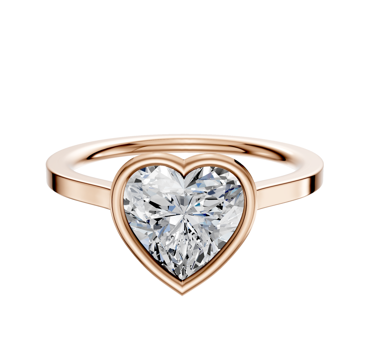 A 14K rose gold bezel full bezel east/west cathedral flat 1.5mm engagement ring displayed on a plain white background.