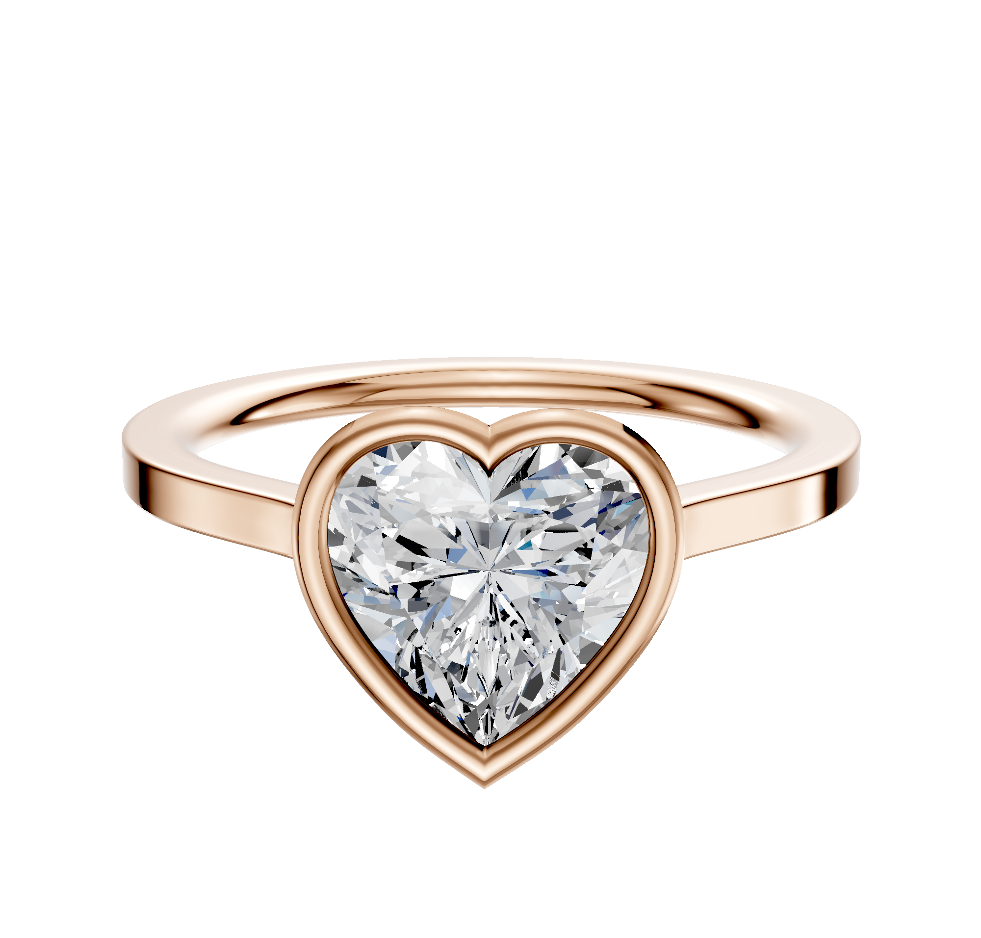 A 14K rose gold bezel full bezel east/west cathedral flat 1.5mm engagement ring displayed on a plain white background.