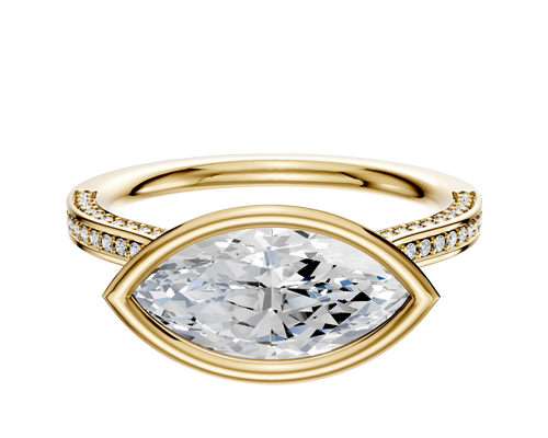 14K Yellow Gold Bezel Full Bezel East/West Cathedral Flat 3-Row-Pave 2.0mm Engagement Ring