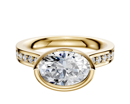 18K Yellow Gold Bezel Full Bezel East/West Cathedral Flat 1-Row-Pave 2.5mm Engagement Ring