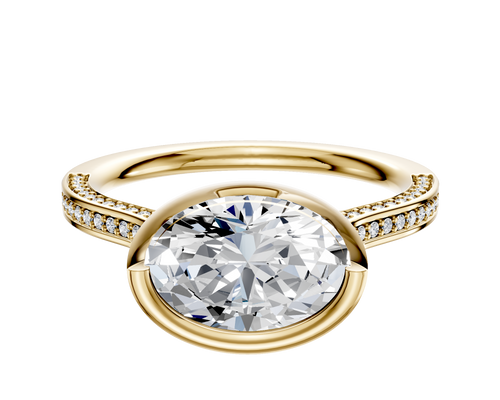 14K Yellow Gold Bezel Full Bezel East/West Cathedral Flat 3-Row-Pave 2.0mm Engagement Ring