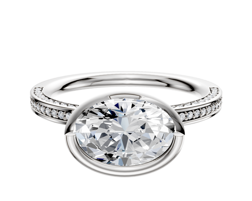 14K Two Tone Bezel Full Bezel East/West Classic Flat 3-Row-Pave 2.0mm Engagement Ring