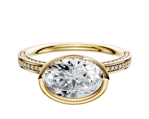 18K Yellow Gold Bezel Full Bezel East/West Classic Flat 3-Row-Pave 2.0mm Engagement Ring