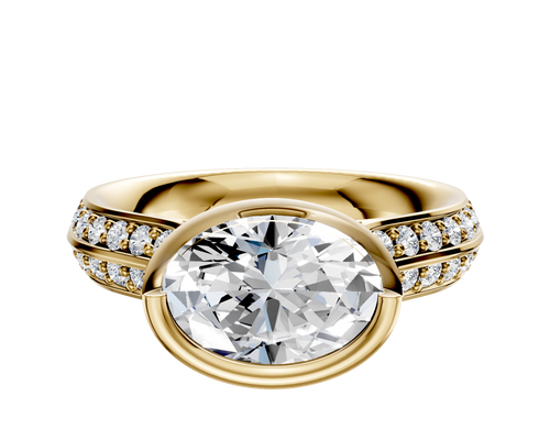18K Yellow Gold Bezel Full Bezel East/West Cathedral Knife Edge 1-Row-Pave 2.5mm Engagement Ring