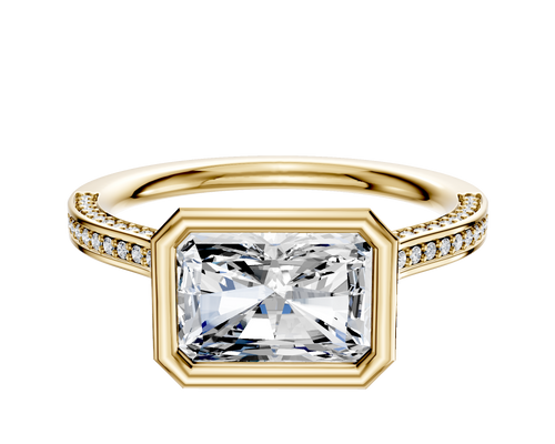 14K Yellow Gold Bezel Full Bezel East/West Cathedral Flat 3-Row-Pave 2.0mm Engagement Ring