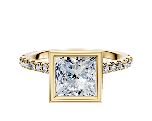 14K Yellow Gold Bezel Full Bezel North/South Cathedral Dome 1-Row-Pave 2.5mm Engagement Ring