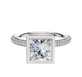 A 14K white gold engagement ring with a full bezel north/south classic dome setting, showcasing a square-cut center stone and 3 rows of pave diamonds along the band.