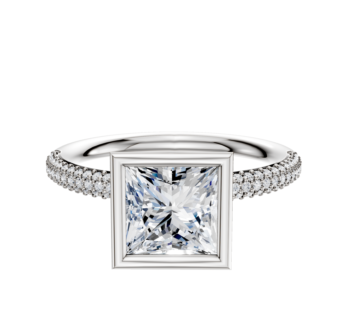 A 14K white gold engagement ring with a full bezel north/south classic dome setting, showcasing a square-cut center stone and 3 rows of pave diamonds along the band.