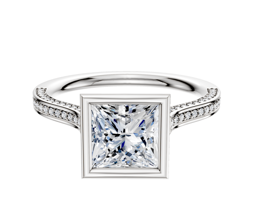 18K Two Tone Bezel Full Bezel North/South Cathedral Flat 3-Row-Pave 2.0mm Engagement Ring
