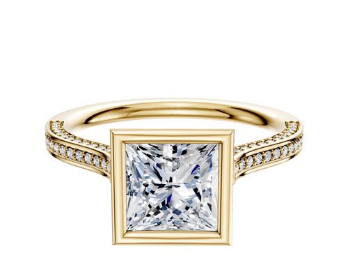 18K Yellow Gold Bezel Full Bezel North/South Cathedral Flat 3-Row-Pave 2.0mm Engagement Ring