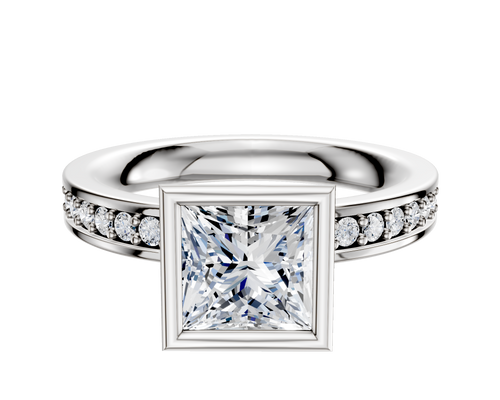 14K White Gold Bezel Full Bezel North/South Classic Flat 1-Row-Pave 2.5mm Engagement Ring