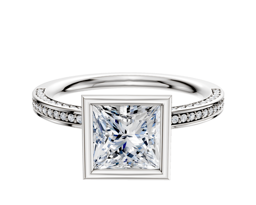14K White Gold Bezel Full Bezel North/South Classic Flat 3-Row-Pave 2.0mm Engagement Ring