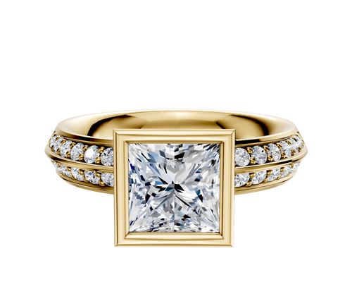 18K Yellow Gold Bezel Full Bezel North/South Classic Knife Edge 1-Row-Pave 2.5mm Engagement Ring