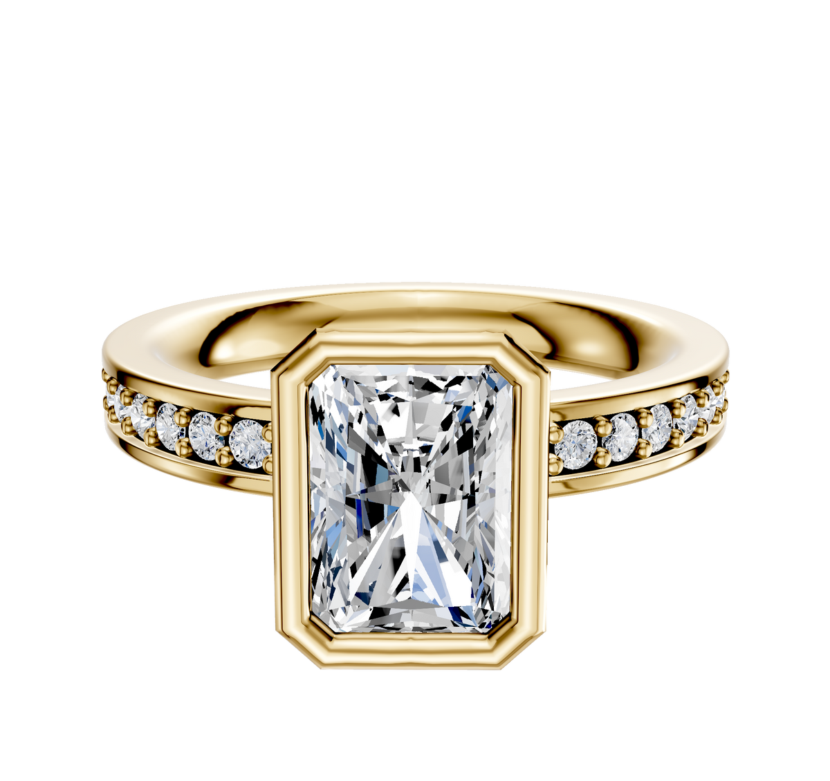 The 18K Yellow Gold Bezel Full Bezel North/South Classic Flat 1-Row-Pave 2.5mm Engagement Ring features a large radiant-cut center stone in a gold bezel, with small round diamonds set along both sides of the band.