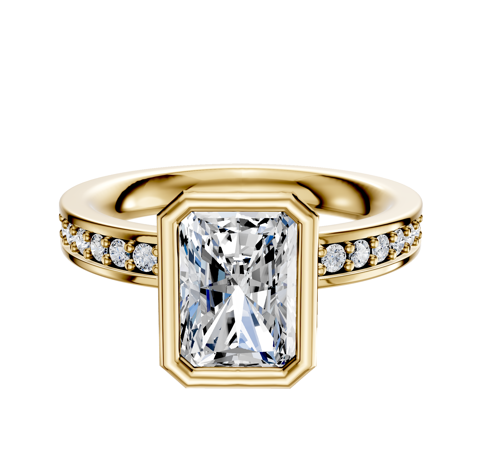 The 18K Yellow Gold Bezel Full Bezel North/South Classic Flat 1-Row-Pave 2.5mm Engagement Ring features a large radiant-cut center stone in a gold bezel, with small round diamonds set along both sides of the band.