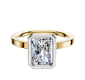 An 18K Two Tone Bezel Full Bezel North/South Classic Flat 2.0mm Engagement Ring featuring a rectangular, radiant-cut clear gemstone in a white metal bezel setting, displayed on a white background.