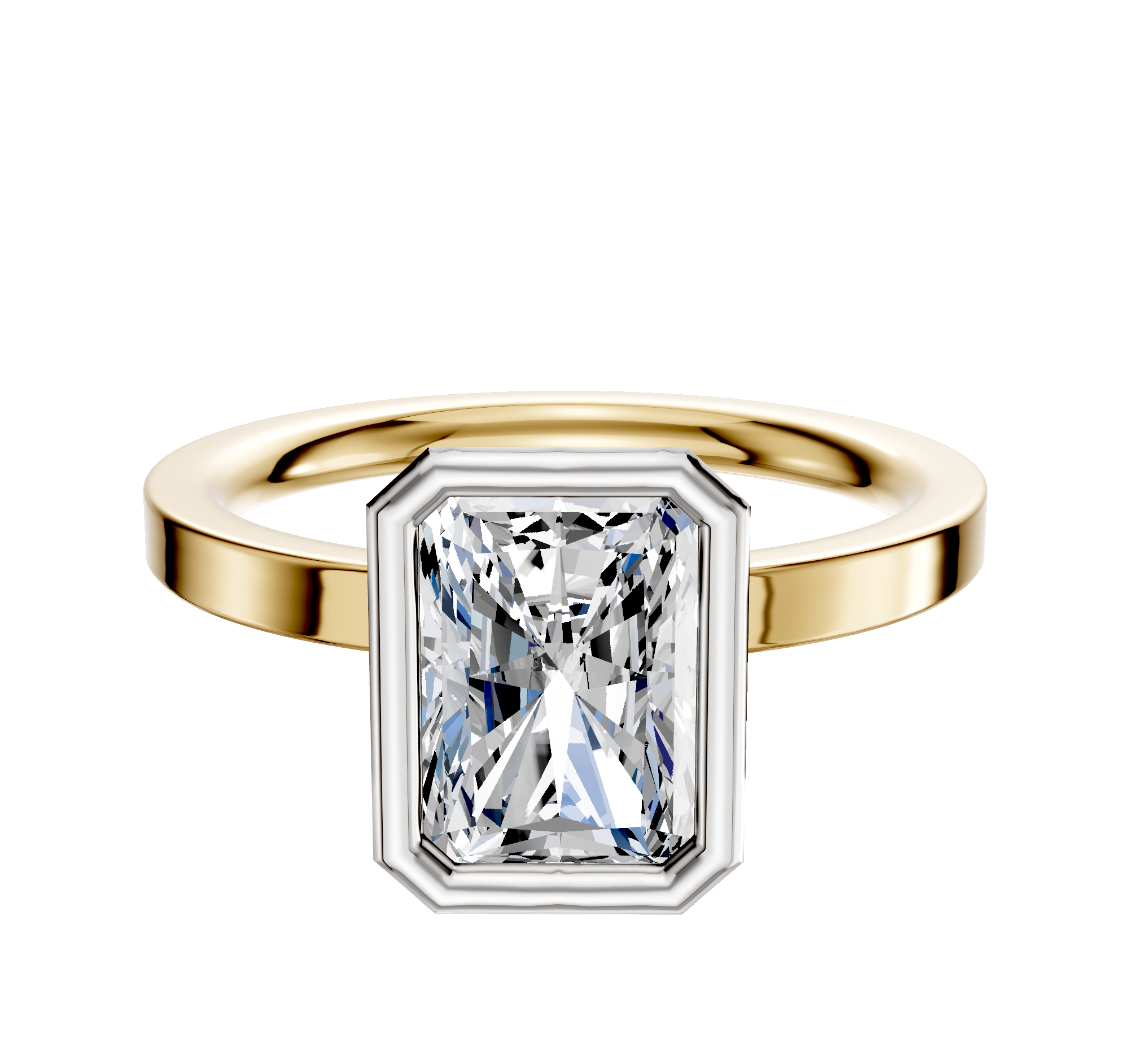 An 18K Two Tone Bezel Full Bezel North/South Classic Flat 2.0mm Engagement Ring featuring a rectangular, radiant-cut clear gemstone in a white metal bezel setting, displayed on a white background.