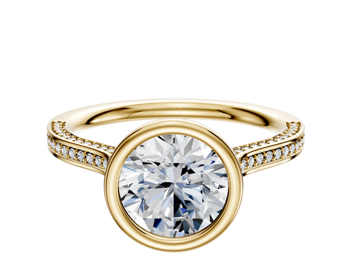 14K Yellow Gold Bezel Full Bezel North/South Cathedral Flat 3-Row-Pave 2.0mm Engagement Ring