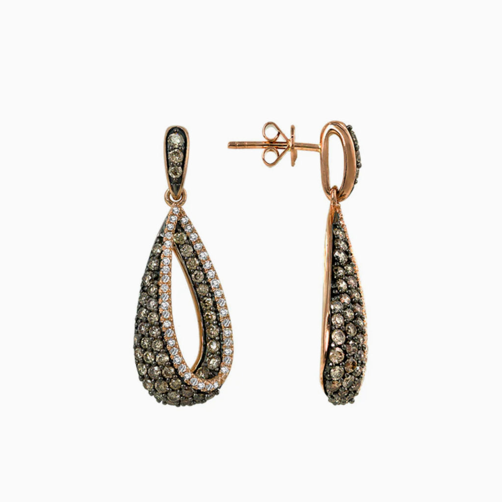 A pair of Effy 14K rose gold espresso and white diamond earrings (1.3 TCW), teardrop-shaped with open centers and post-back closure; one earring is shown from the front, the other from the side.