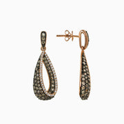 A pair of Effy 14K rose gold espresso and white diamond earrings (1.3 TCW), teardrop-shaped with open centers and post-back closure; one earring is shown from the front, the other from the side.