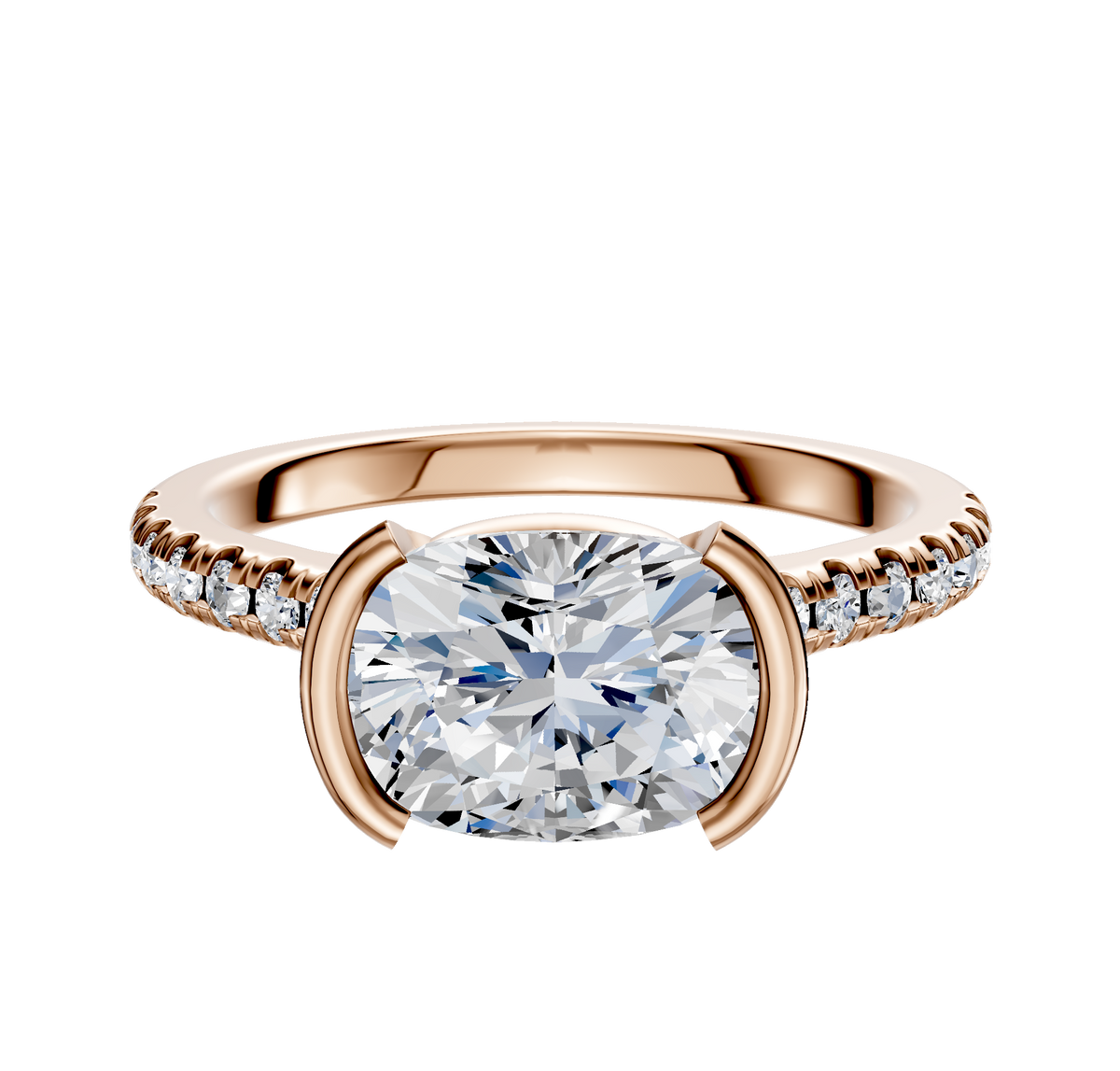 A 14K rose gold engagement ring featuring a half bezel east/west cathedral dome setting with a central stone and a 1-row pave of smaller diamonds along the 2.5mm band.