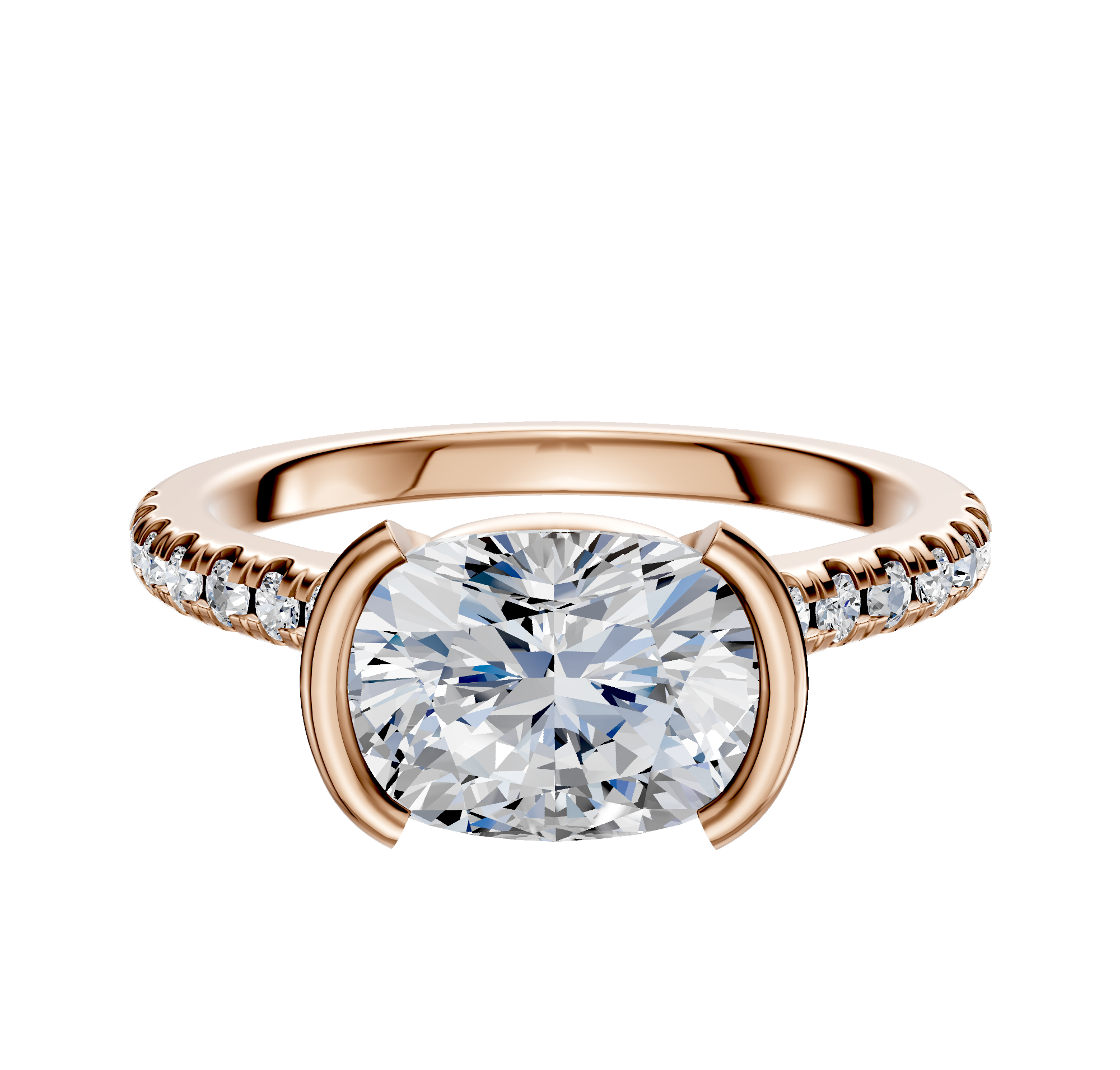 An 18K Rose Gold Bezel Half Bezel East/West Cathedral Dome Engagement Ring with a large oval center stone and 1-row pave round diamonds along the 2.5mm band, displayed on a plain white background.
