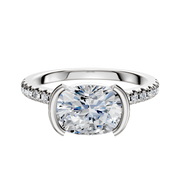 A platinum bezel east/west cathedral dome engagement ring with a 2.5mm band and a 1-row pave design.