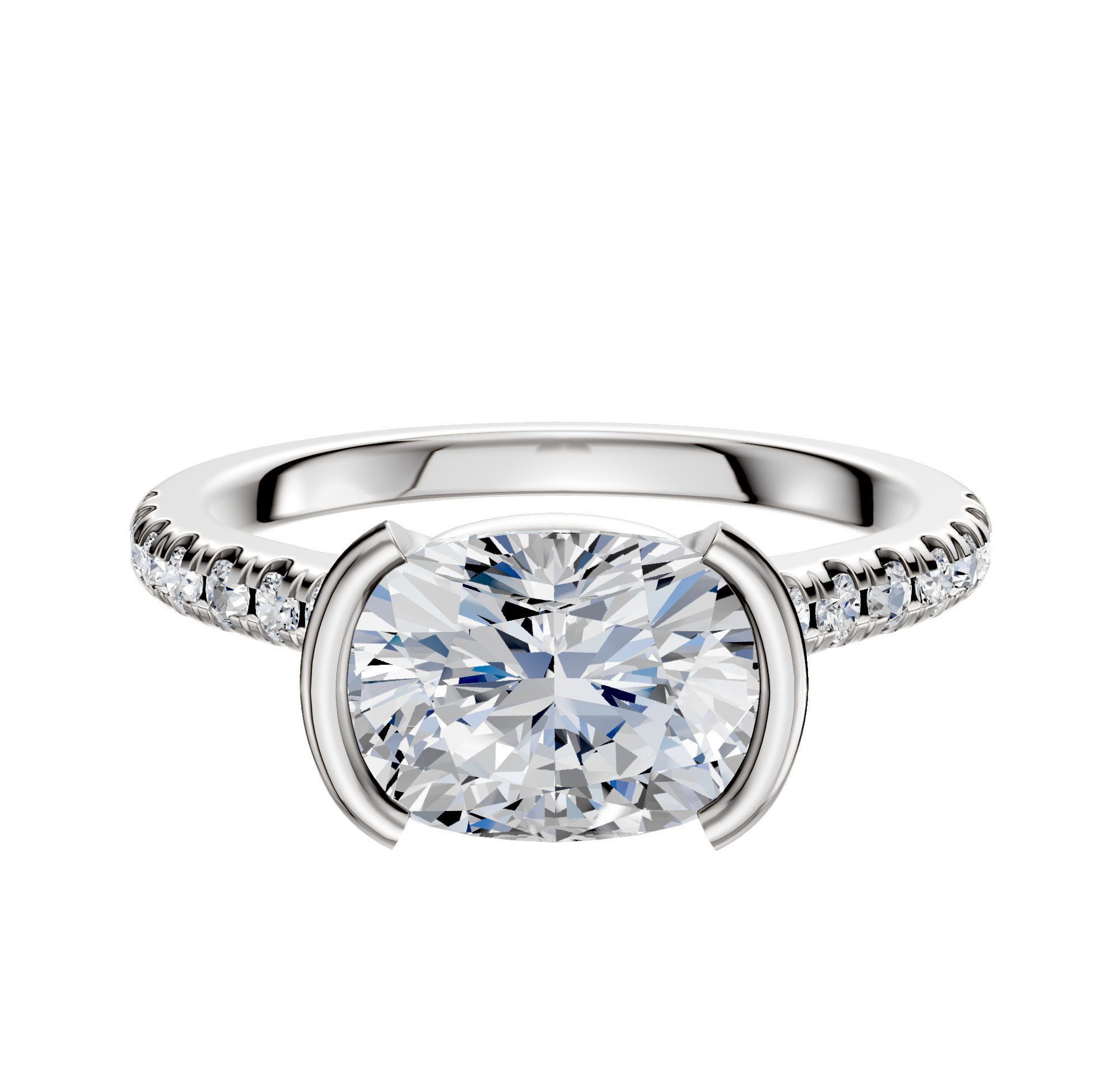 The 18K White Gold Bezel Half Bezel East/West Cathedral Dome 1-Row-Pave 2.5mm Engagement Ring showcases a large central gemstone set east-west, accented with smaller pave stones along the band.