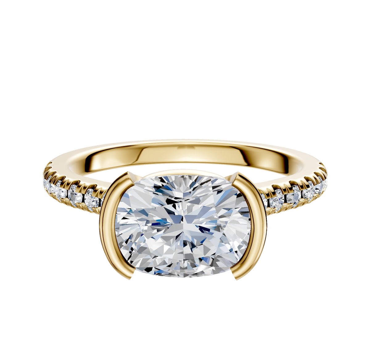 The 14K Yellow Gold Bezel Half Bezel East/West Cathedral Dome 1-Row-Pave 2.5mm Engagement Ring features an oval center set east-west with a bezel, accented by a row of pave diamonds along the band.
