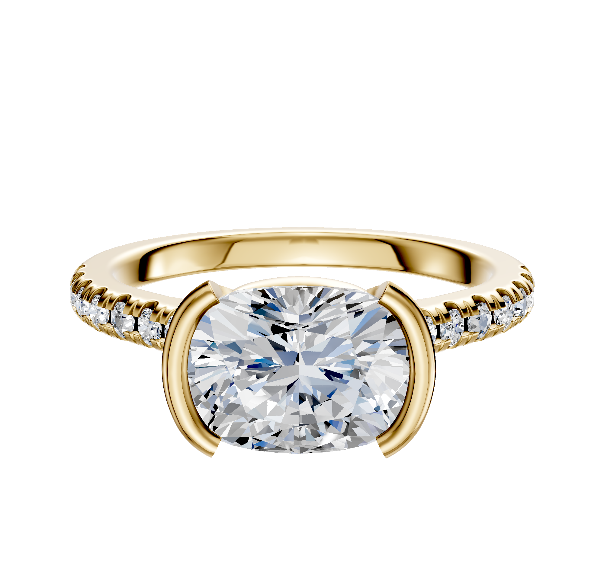 An 18K yellow gold engagement ring featuring a cathedral dome design, east/west bezel and half bezel setting, and a 2.5mm band accented with a single row of pave diamonds.