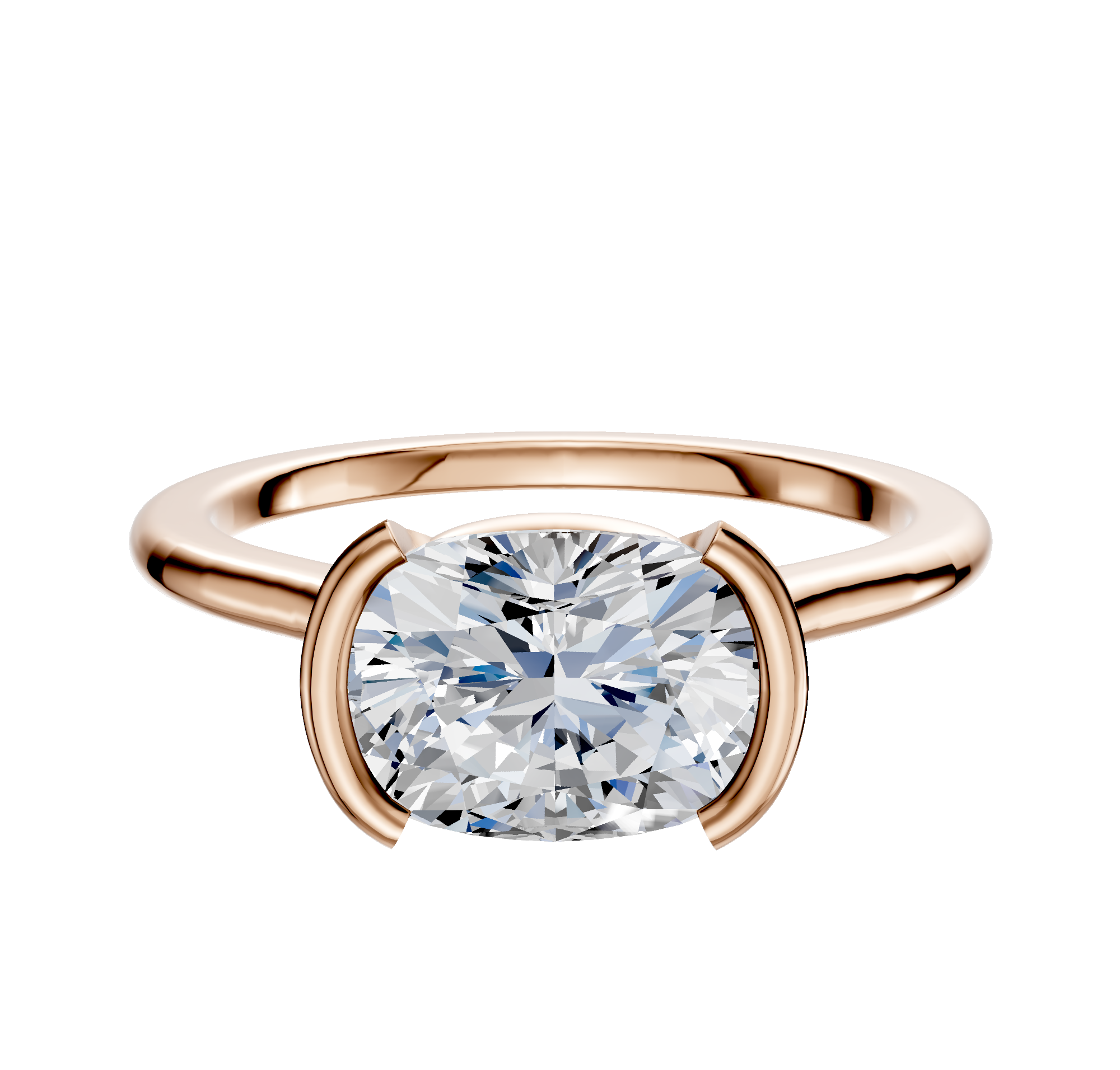The 18K Rose Gold Bezel Half Bezel East/West Cathedral Dome 1.5mm Engagement Ring features a large oval-cut diamond in an east-west setting, secured by two curved prongs, shown against a plain white background.