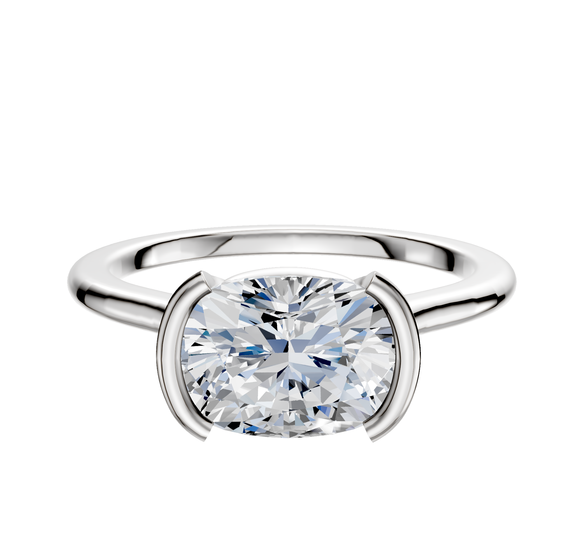 A 14K white gold bezel half bezel east/west cathedral dome 1.5mm engagement ring, featuring a large cushion-cut clear gemstone in a sleek prong setting, displayed on a plain white background.