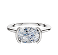 An 18K white gold bezel half bezel east/west cathedral dome 1.5mm engagement ring featuring a modern, minimalist design, showcased against a plain white background.