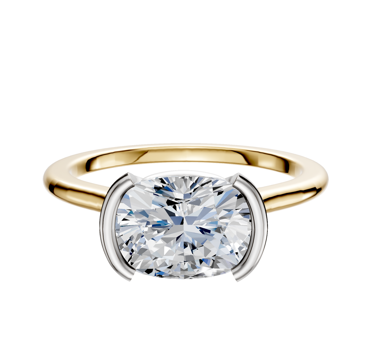 The 14K Two Tone Bezel Half Bezel East/West Cathedral Dome 1.5mm Engagement Ring features a modern cushion-cut diamond set in a stylish white metal setting, displayed against a plain white background.