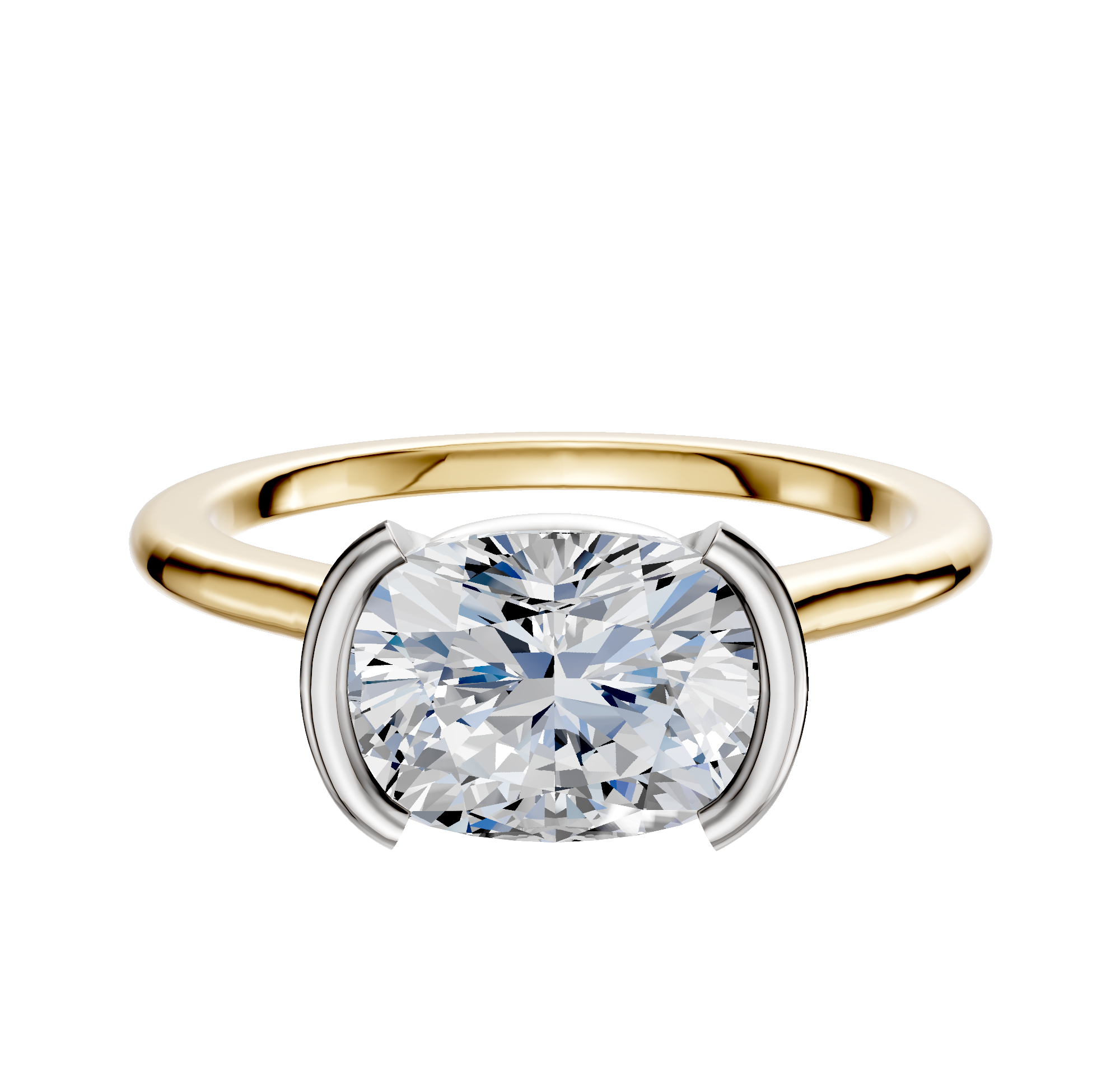 An 18K two-tone bezel half bezel East/West cathedral dome 1.5mm engagement ring is displayed on a plain white background.