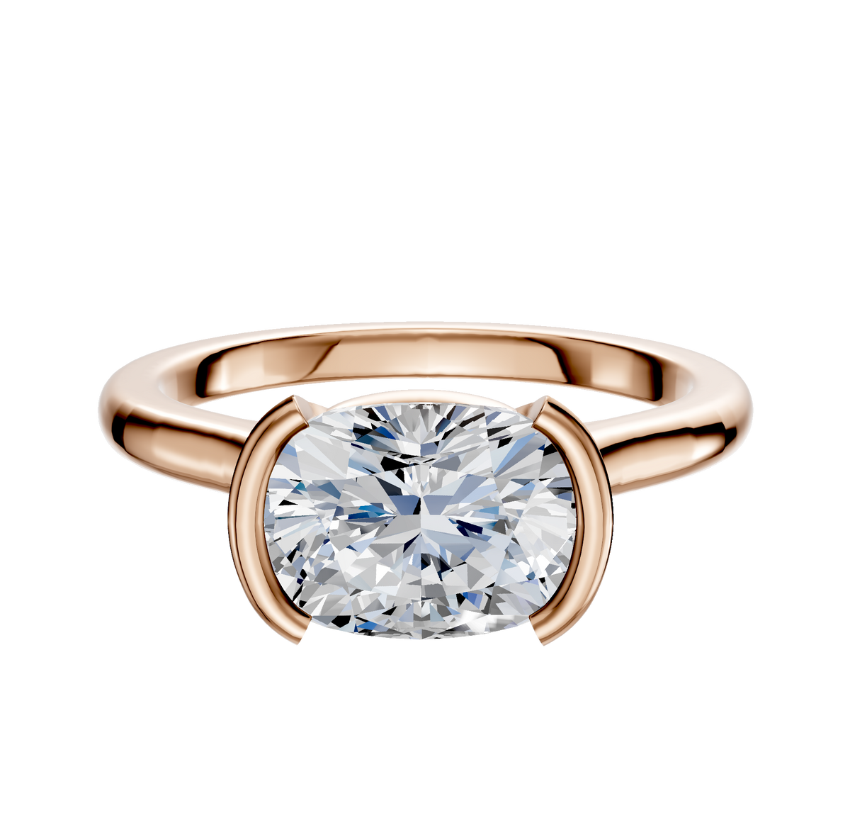 The 18K Rose Gold Bezel Half Bezel East/West Cathedral Dome 2.0mm Engagement Ring features a modern horizontal cushion-cut diamond in a sleek bezel setting, shown against a plain white background.