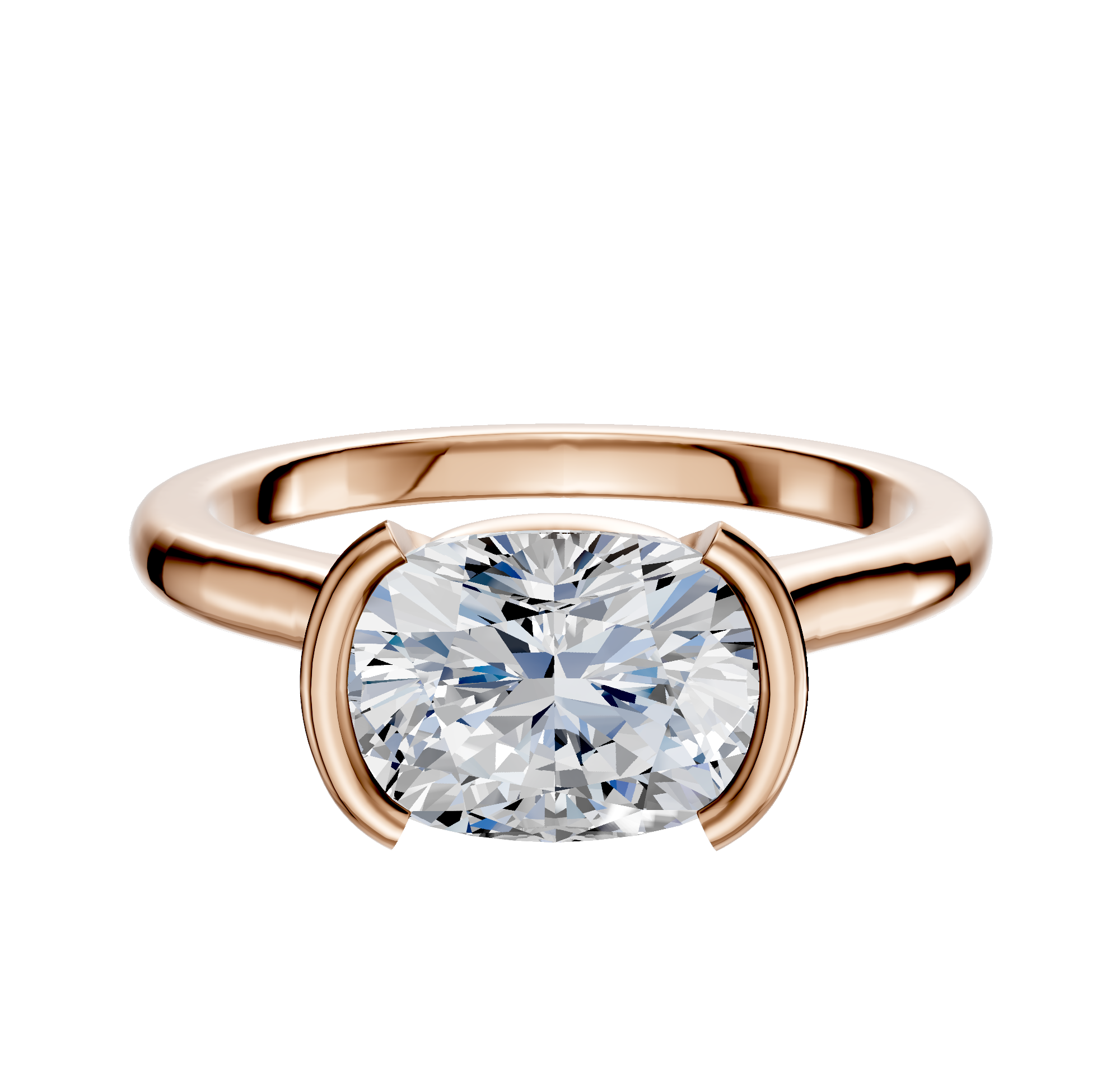 The 18K Rose Gold Bezel Half Bezel East/West Cathedral Dome 2.0mm Engagement Ring features a modern horizontal cushion-cut diamond in a sleek bezel setting, shown against a plain white background.