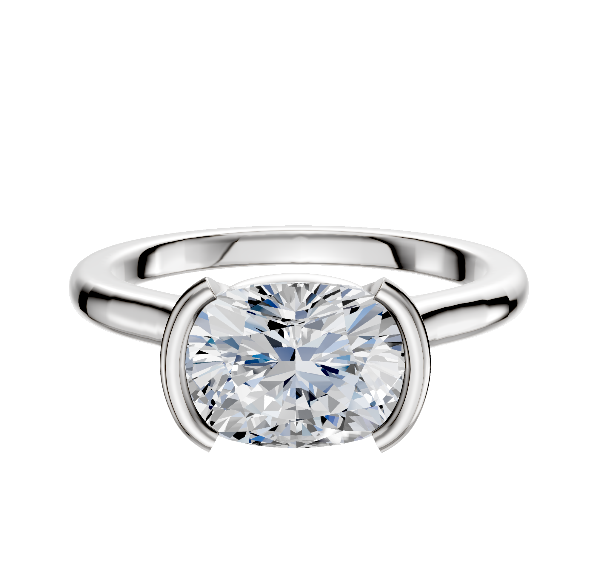 The 18K White Gold Bezel Half Bezel East/West Cathedral Dome 2.0mm Engagement Ring features a large, oval-cut diamond set horizontally in a modern bezel setting, displayed against a plain white background.