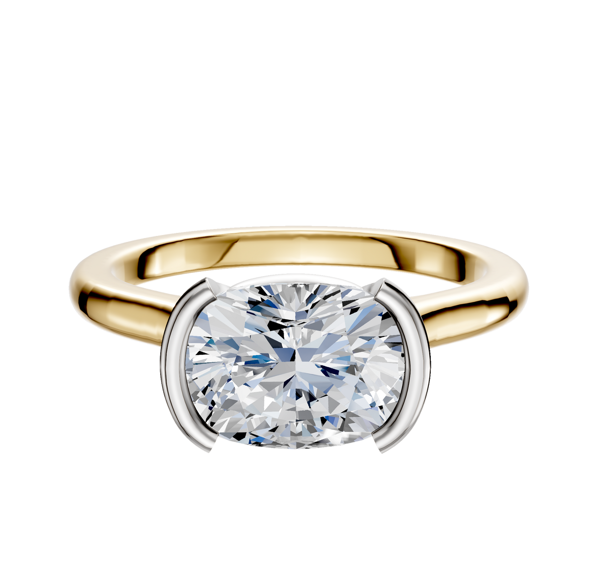 A 14K Two Tone Bezel Half Bezel East/West Cathedral Dome 2.0mm Engagement Ring with a cushion-cut diamond, set in a white metal bezel and shown on a plain white background.