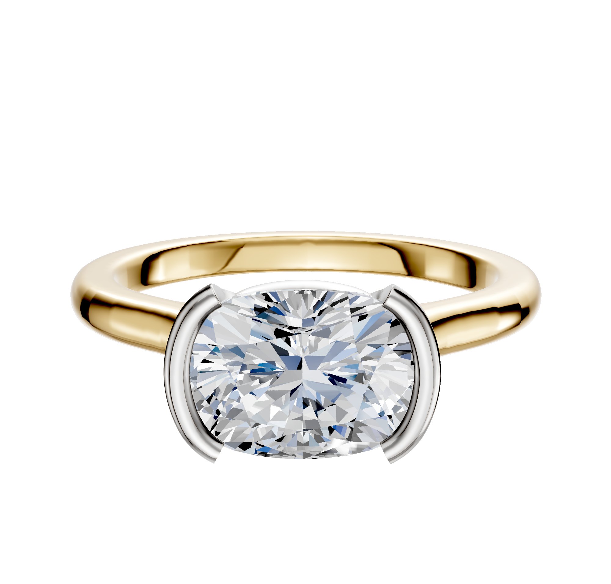 A 14K Two Tone Bezel Half Bezel East/West Cathedral Dome 2.0mm Engagement Ring with a cushion-cut diamond, set in a white metal bezel and shown on a plain white background.