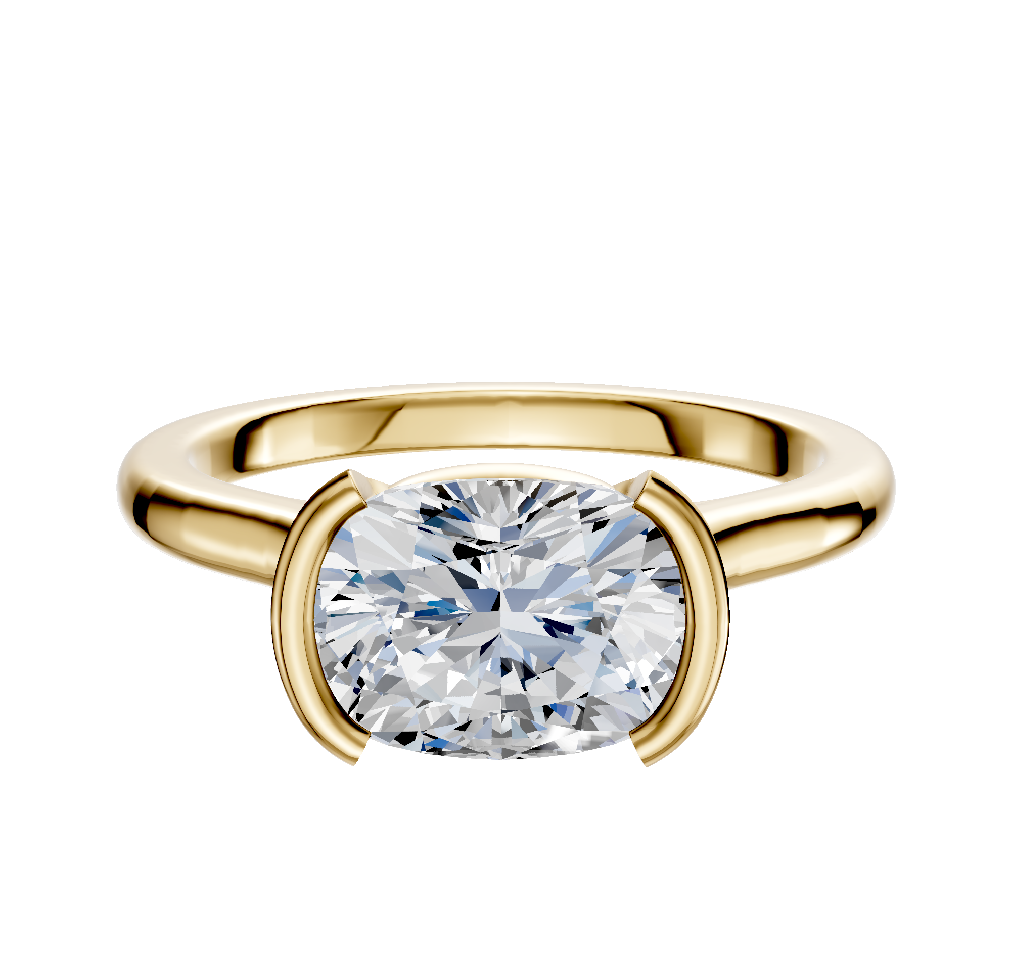 A 14K yellow gold Bezel Half Bezel East/West Cathedral Dome 2.0mm engagement ring, showcasing a large oval-cut diamond set horizontally on a plain light background.