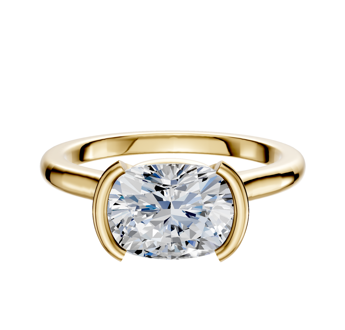An 18K yellow gold Bezel Half Bezel East/West Cathedral Dome 2.0mm engagement ring with a cushion-cut diamond, displayed on a plain white background.