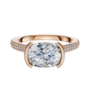 The 14K Rose Gold Bezel Half Bezel East/West Cathedral Dome 3-Row-Pave 2.0mm Engagement Ring features a striking design with pave-set diamonds on the band, all set against a plain white background.