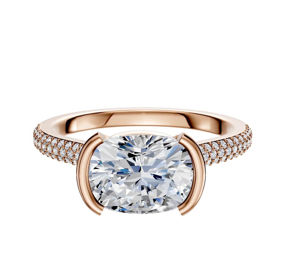 An 18K rose gold engagement ring featuring a bezel half bezel east/west cathedral dome design with a 3-row pave and 2.0mm band.