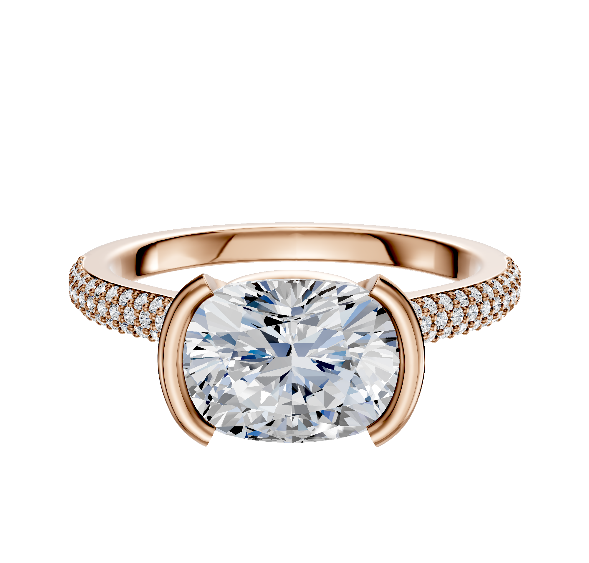 An 18K rose gold engagement ring featuring a bezel half bezel east/west cathedral dome design with a 3-row pave and 2.0mm band.